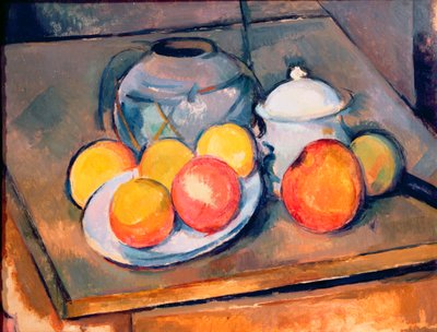 Mit Stroh bedeckte Vase, Zuckerdose und Äpfel, 1890-93 von Paul Cézanne